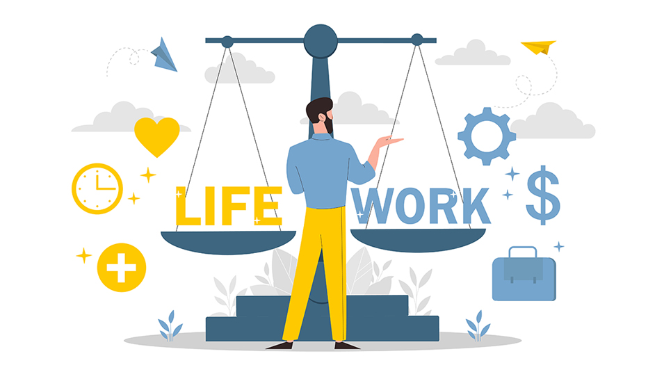 This is an image of a man standing in front of a scale with life and work on each side of it to reflect balance. 